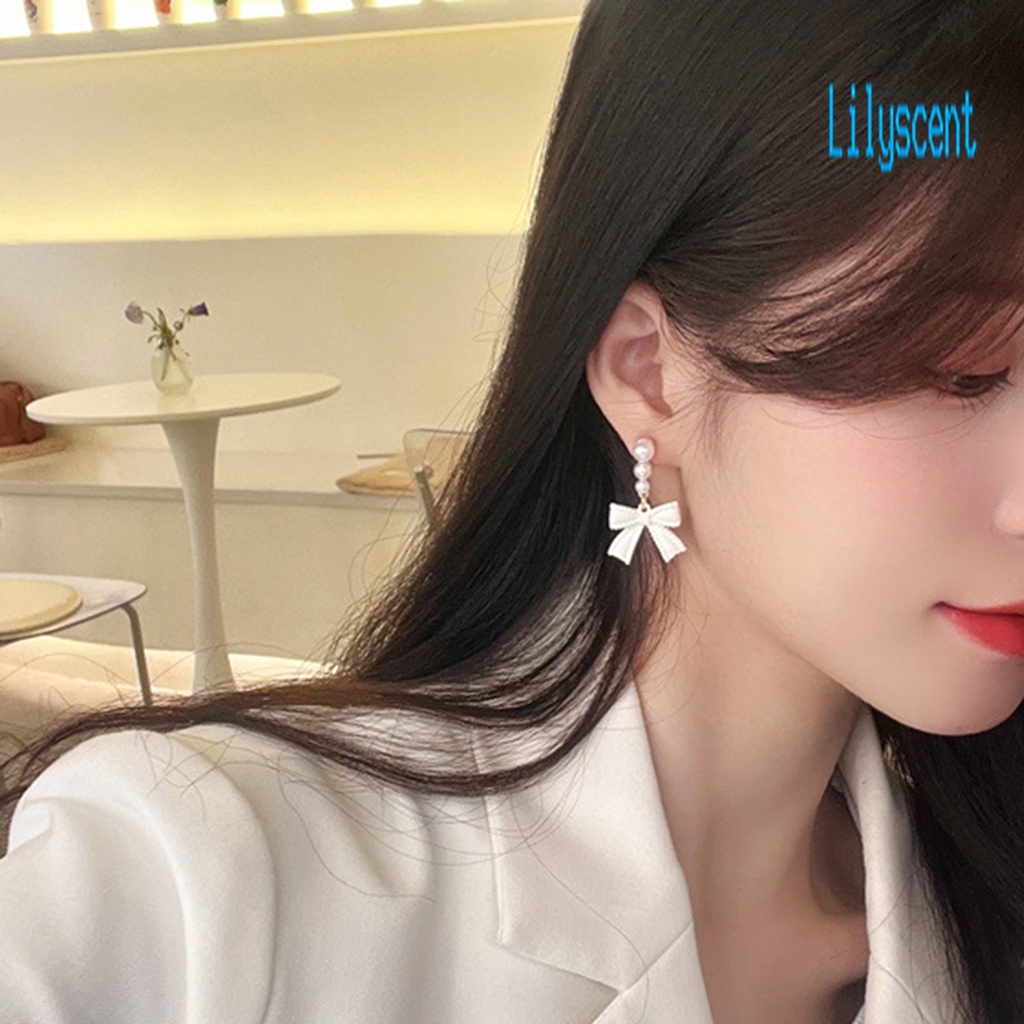 Ls 1 Pasang Anting Tusuk Gantung Wanita Desain Pita Hias Mutiara Imitasi Gaya Korea Untuk Pesta