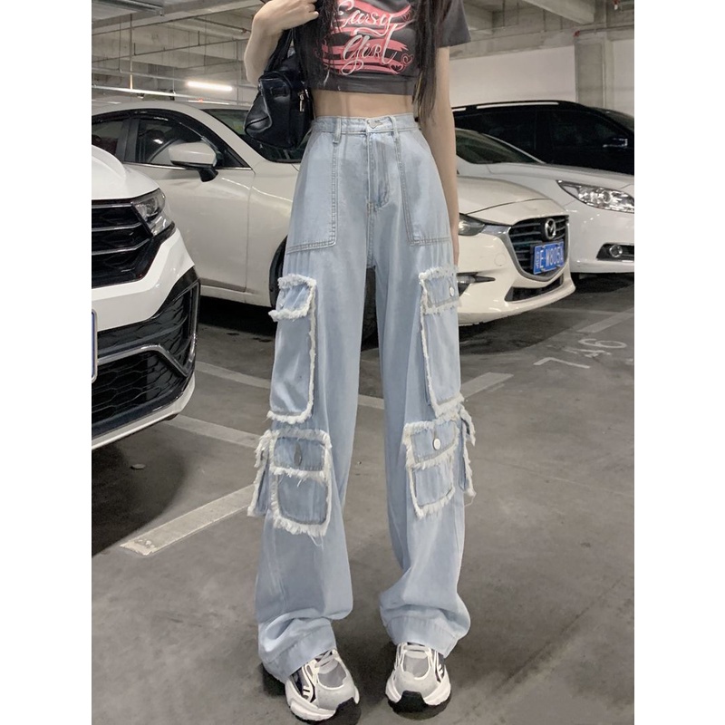 Hip-Hop High Street Raw Edge Jeans Wanita Musim Gugur Manis dan Keren Hot Girl Celana Sembilan Titik Pinggang Tinggi Tipis Longgar Lebar Kaki Overall