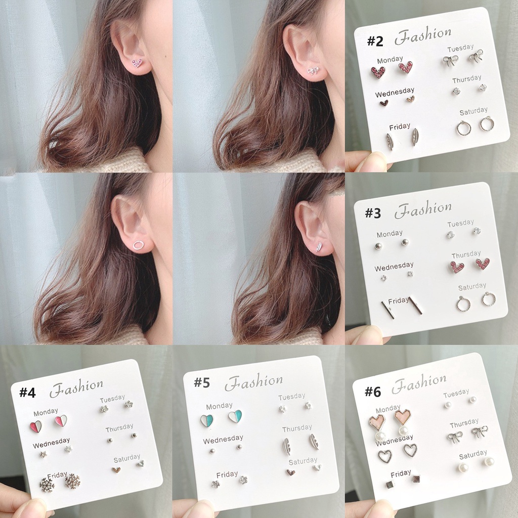 6Pcs/Set Stud Earrings Simple Pearl Crystal One Week Earring Korean INS Anting