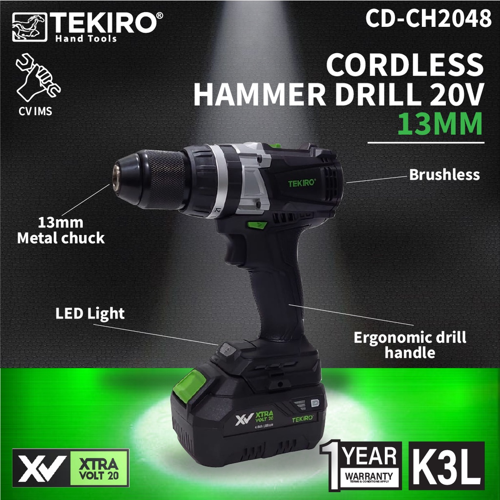 Bor Baterai/Cordless Drill/Hammer Drill 13MM XV 20V TEKIRO