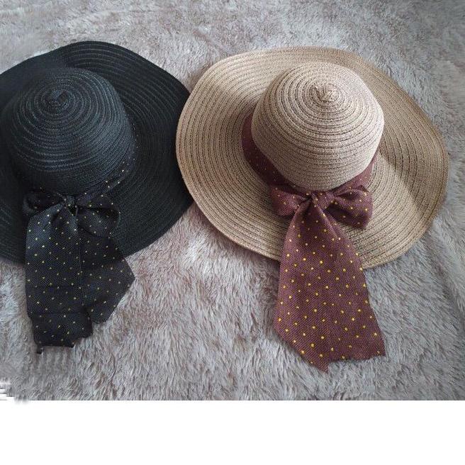 Topi pantai rajut pita bintik emas Topi Pantai wanita Topi pantai rajut import