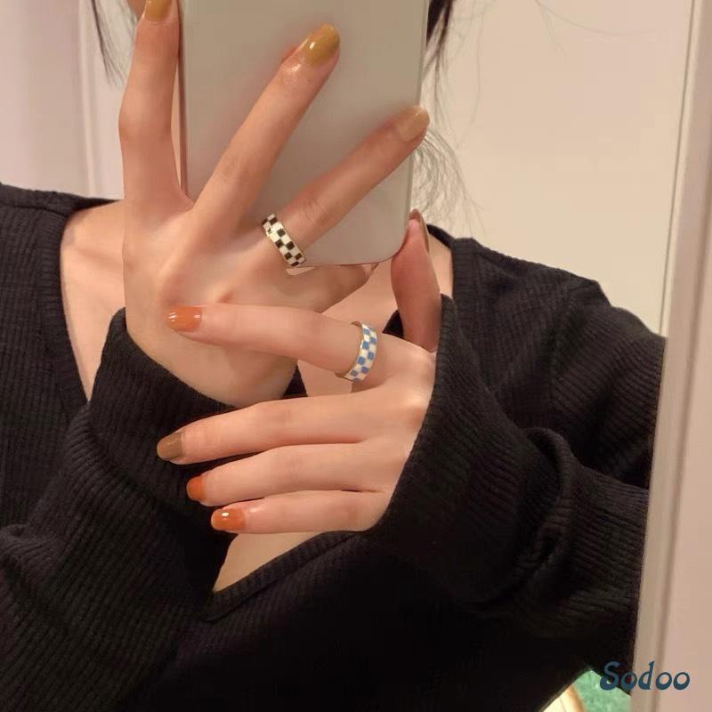 Cincin Korea Adjustable Motif Papan Catur Persegi cincin kotak-kotak Wanita
