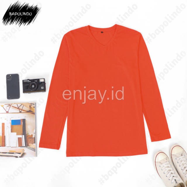 enjay.id - PREMIUM Kaos warna Merah Scarlet oblong ANTI BAKTERI Leher V neck lengan panjang Original