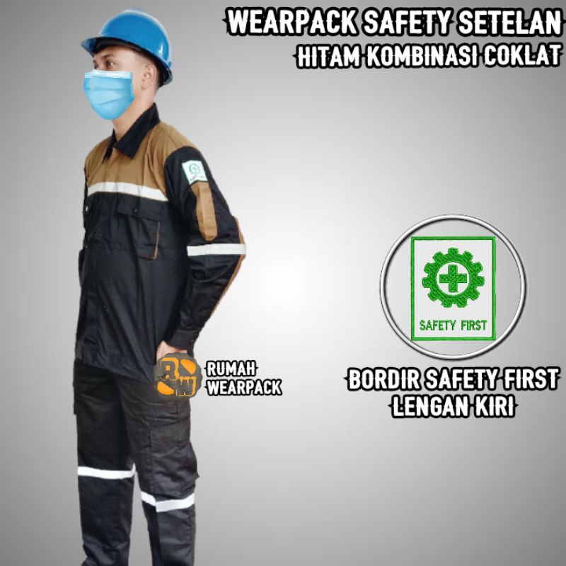 Setelan Wearpack Safety dan Celana Safety Warna Hitam Kombinasi Coklat Mocca