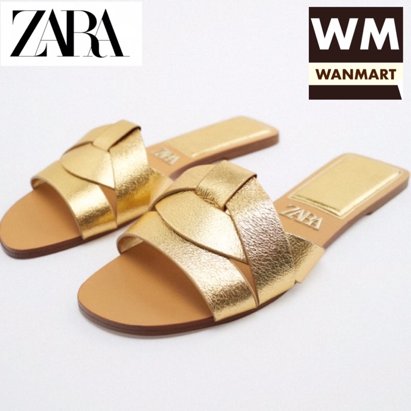 ZARA Women Sandal Flat Criss Cross Leather Slider Sendal Wanita Gold