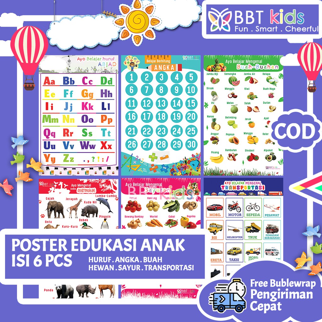 POSTER EDUKASI ANAK DINDING HURUF HIJAIYAH ANGKA HEWAN BUAH NABI DAN RASUL 1 PAKET 6 PCS