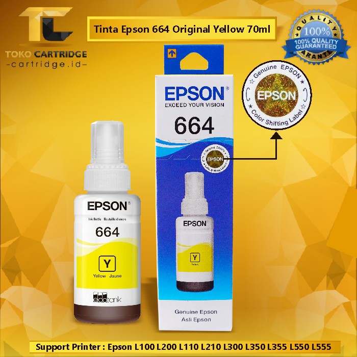 Tinta Epson 664 Original Printer L100 L110 L120 L200 L210 L220 L300 L310 L350 L355 Black Color Ink-yellow 