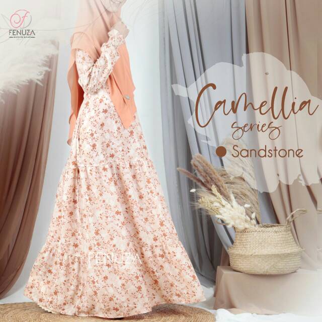 Gamis syar'i branded motif bunga Camellia series by Fenuza Muslimwear