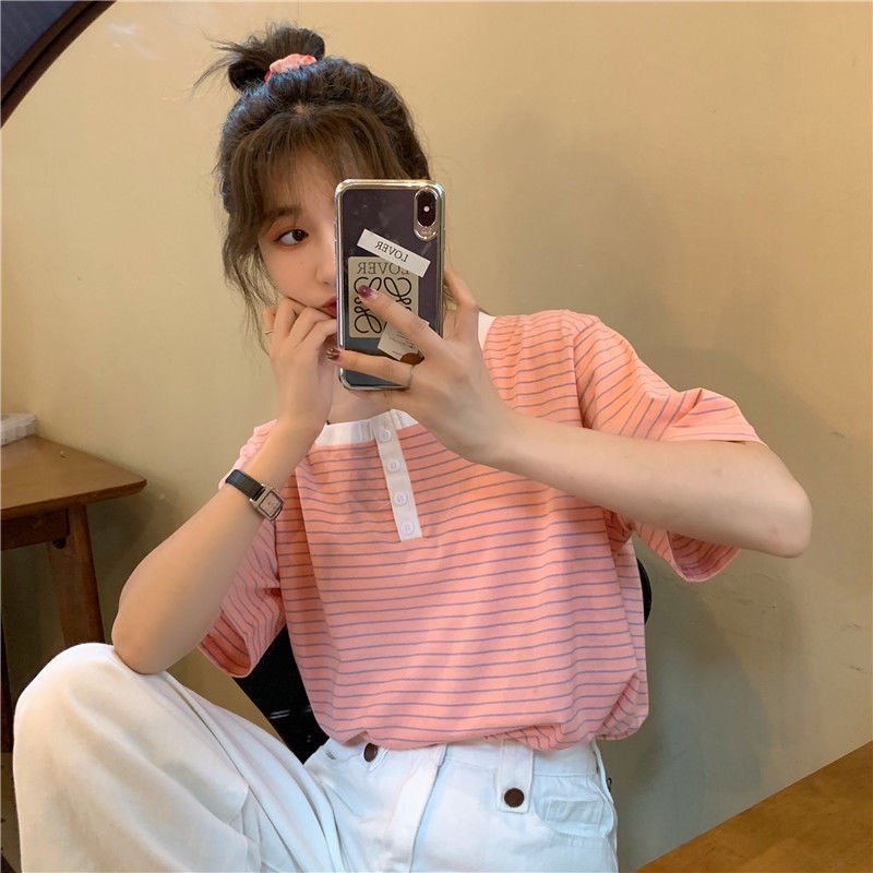 MOOGU ♡ Bergaris kaos katun wanita tshirt atasan top korea