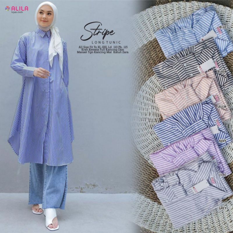 STRIPE LONG TUNIC BY ALILA ATASAN KEMEJA KATUN FULL KANCING LD 110