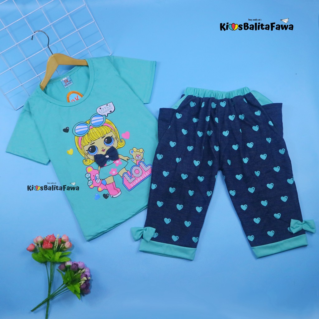 Setelan Lisa Uk 7-8 Tahun / Set Pakaian Baju Anak Perempuan Celana Jogger Kaos Lengan Pendek Cewek