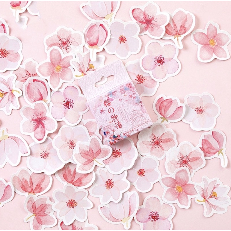 (45 PCS) STICKER AESTHETIC CUTE BOX STIKER LUCU MURAH BINATANG ORANG BUNGA SCRAPBOOK STIKER HP-Pink Flowers