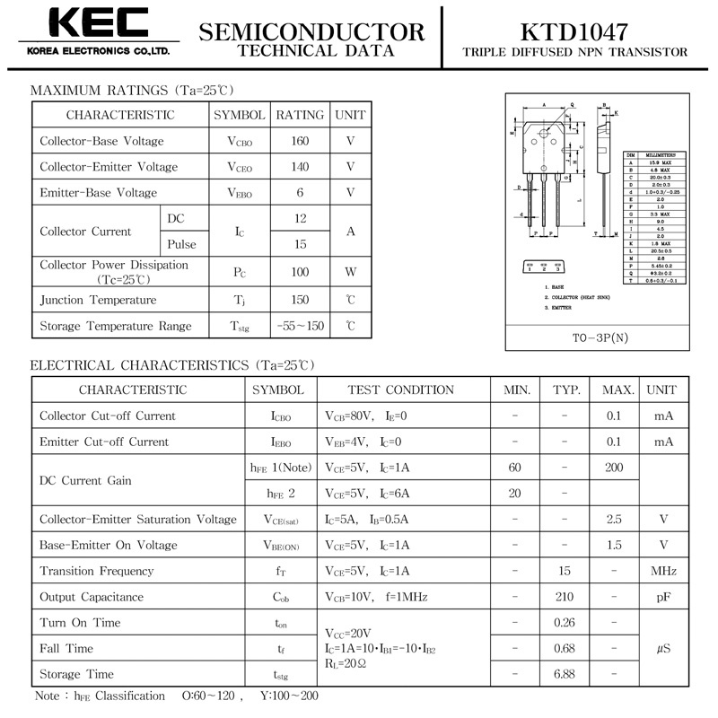 TRANSISTOR KTD1047 D1047 TR D 1047 KEC KTD 1047 TO-3P