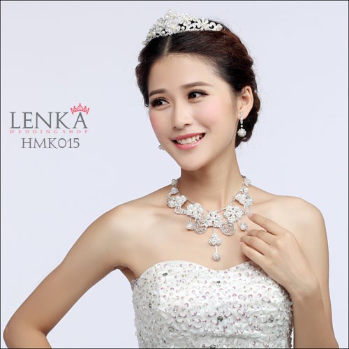 Aksesoris Mutiara Wedding Modern l Paket Crown Kalung Anting Pengantin Lenka - HMK015