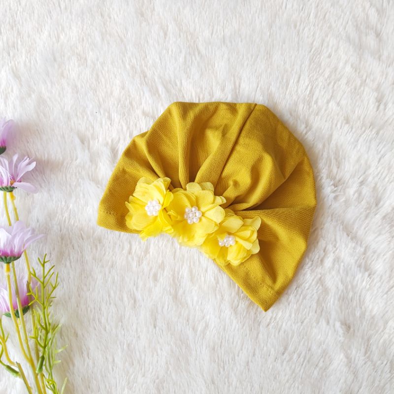 Turban Bayi 0-3th Bunga Besar - Bandana bayi - Kerudung Anak Bayi-Lemon