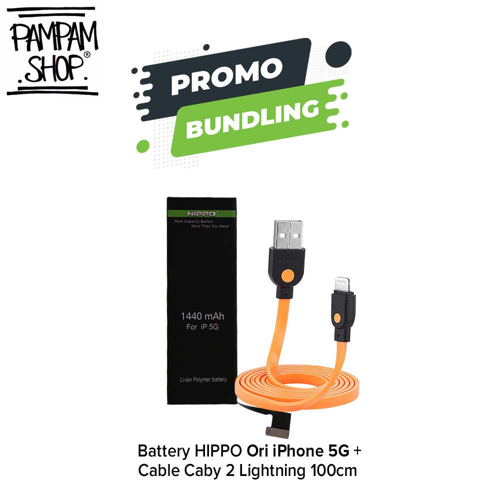 PAKET BUNDLING BATERAI HIPPO IPHONE 5 5G + CABY 2 LIGHTNING 100CM Double Power Original Batre Ori