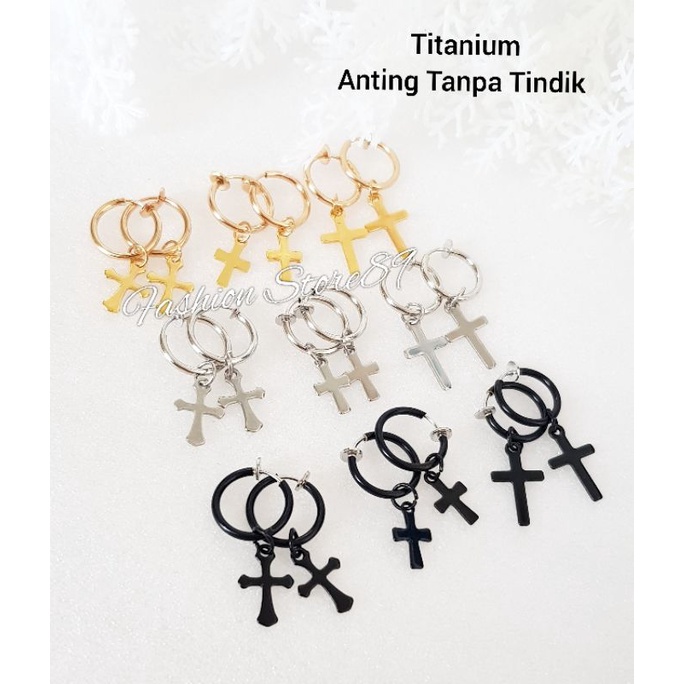 Restok Anting Jurai Salib Silver Titanium Anting Salib tanpa tindik tanpa tusuk Salib Titanium