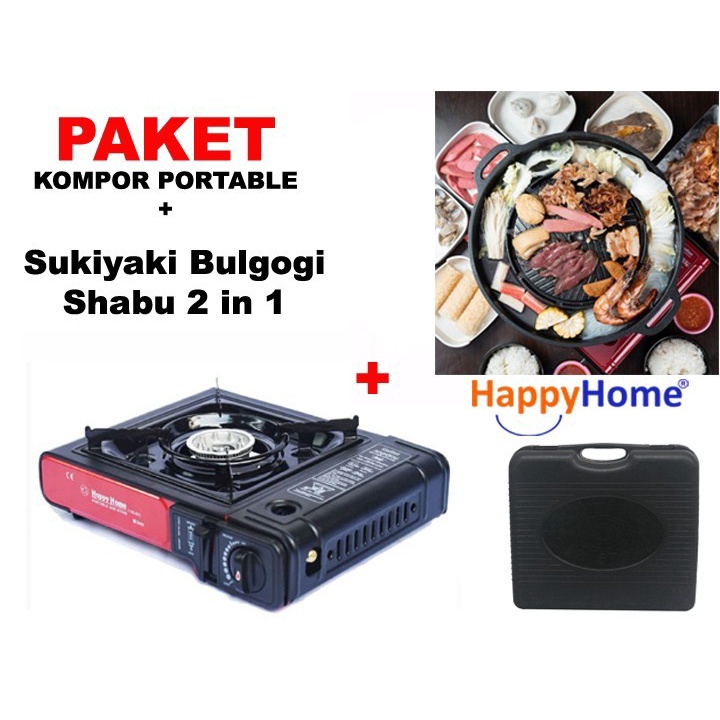 Paket Kompor Gas Portable Happy Home dan Sukiyaki Bulgogi Grill Pan Shabu 2in1