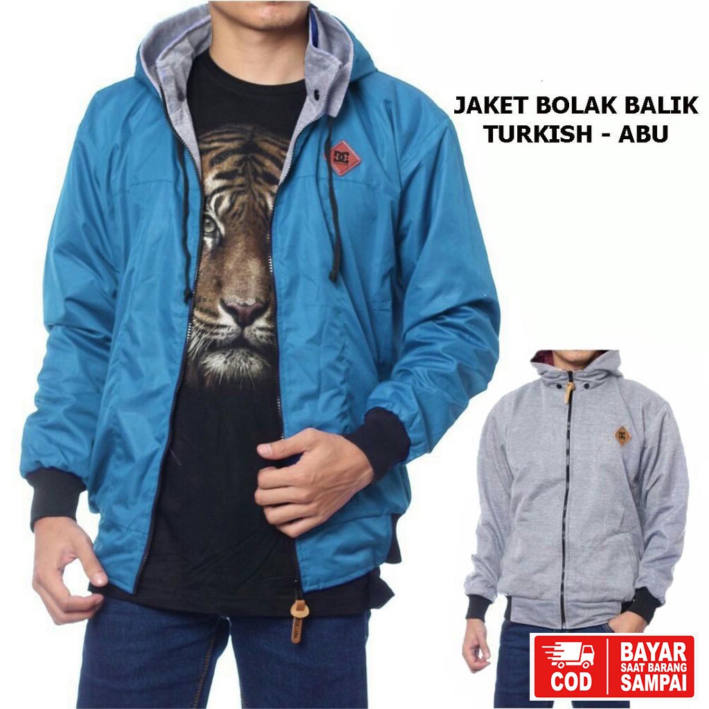 JAKET DC BOLAK BALIK / JAKET MOTOR / JAKET PARASUT HITAM-ABU-7