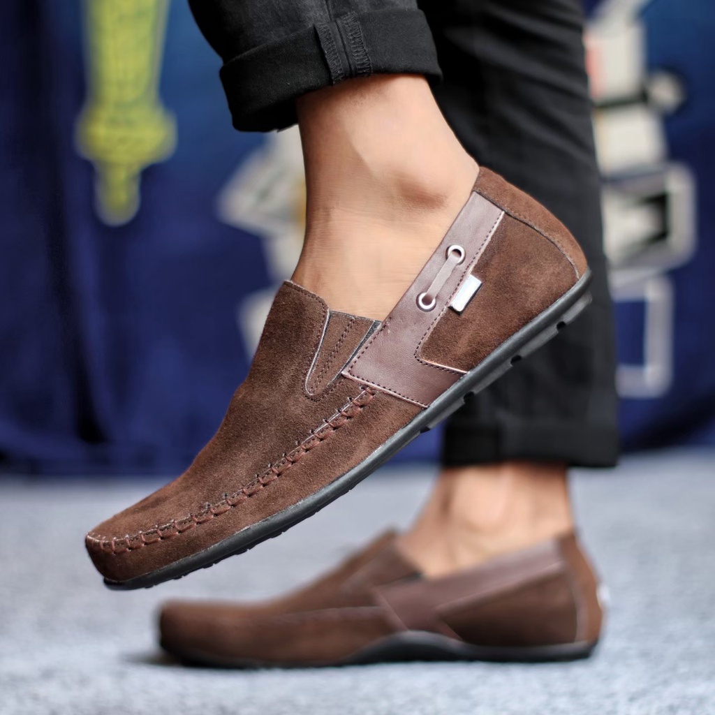 ENOZSTORE Sepatu Original Pria Kulit Suede Asli Slip On Kasual Jalan Santai Slop Casual Cowok Cowo Keren Ringan Kekinian