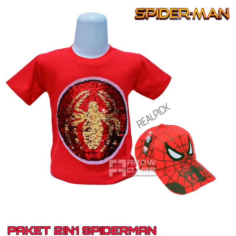 Baju anak usap 2 gambar spiderman gratis topi bordir - baju anak