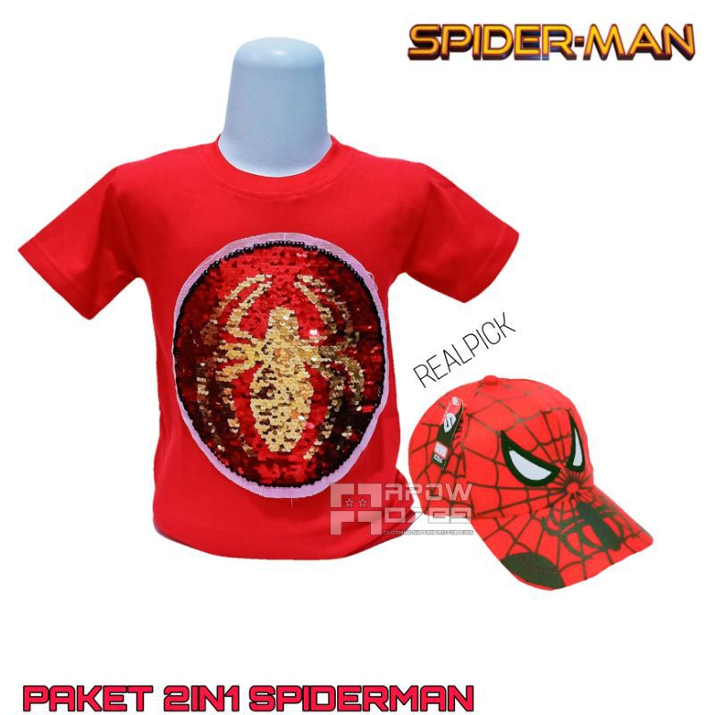 Baju kaos anak spiderman usap 2gambar gratis topi bordir - baju anak