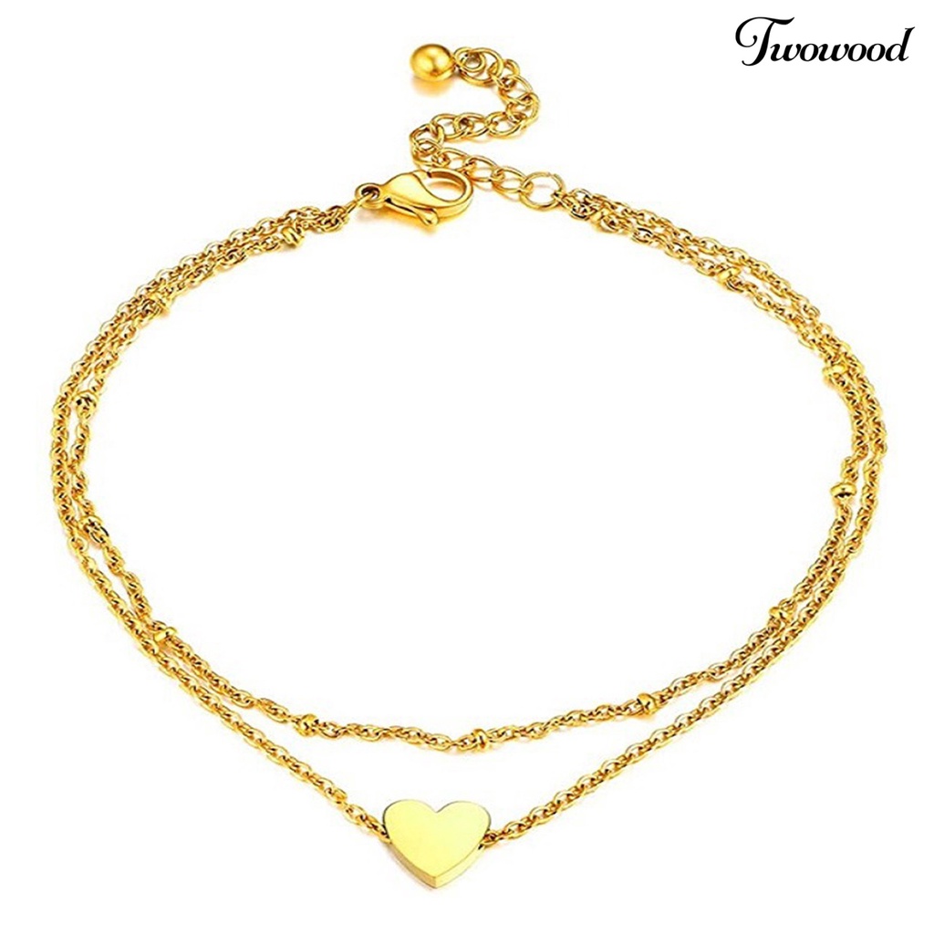 Gelang Kaki Rantai Double Layer Adjustable Portable Bentuk Hati Untuk Wanita