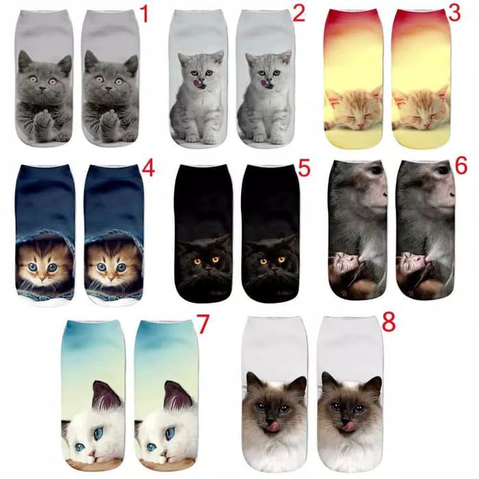 Kaos Kaki Pendek Wanita Lucu Imut Motif Kucing dan Monyet