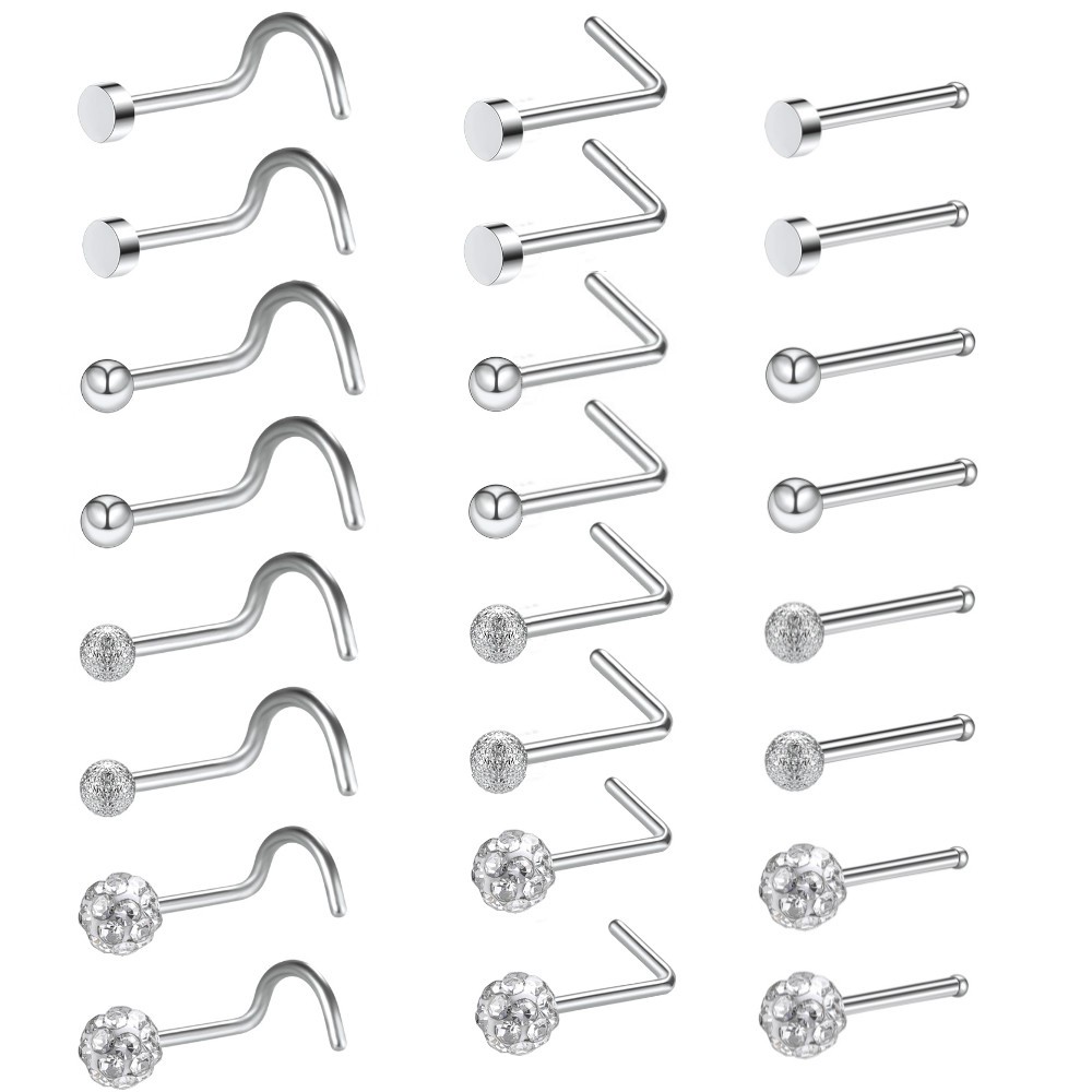 8pcs / Lot Anting Tindik Hidung Bahan Stainless Steel Bentuk Bulat Kristal 20g Warna Silver