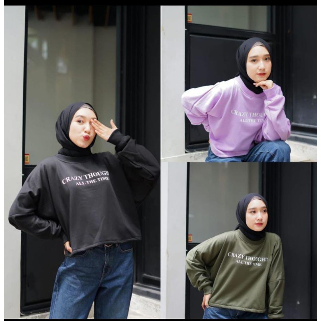 (REAL PICT) CRAZY THOUGHTS SWEATER WANITA BEST SELLING OVERSIZE BATWING Crop