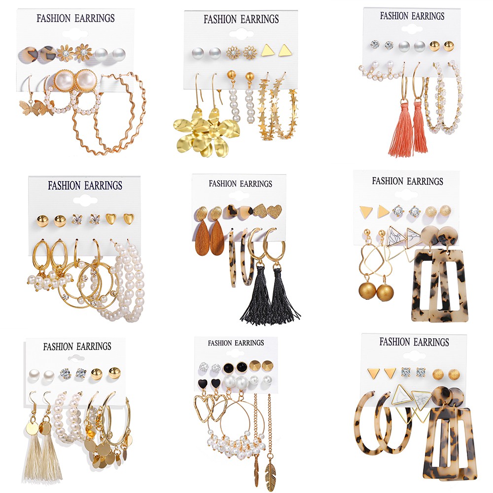 6 Pasang / Set Anting Tusuk Bentuk Lingkaran Aksen Mutiara + Rumbai Gaya Bohemian untuk Wanita