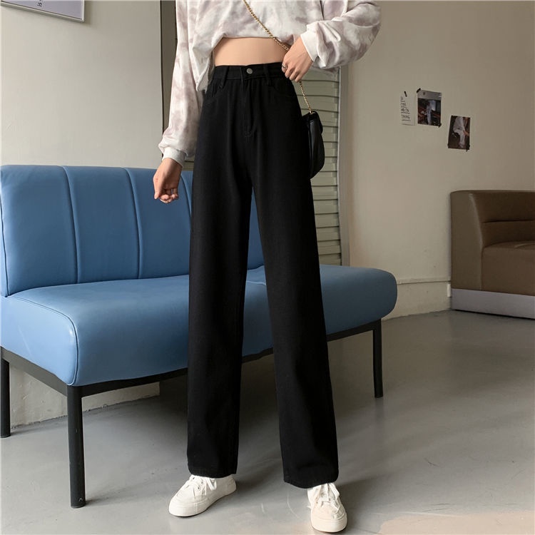 ✅COD JEANS HIGHWAIST PANTS  DENIM BLACK/BLUE/APRICOT LOOSE KOREA