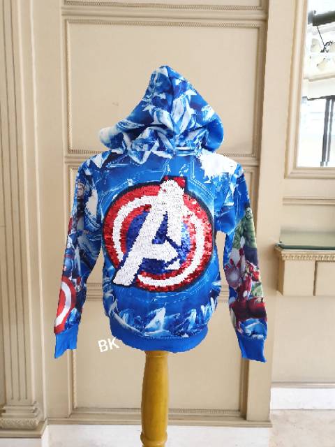 REVERSE SEQUIN AVENGER OUTER / JACKET HOODIE ANAK LAKI MOTIF MARVEL SPIDERMAN IRON MAN  THOR IMPORT