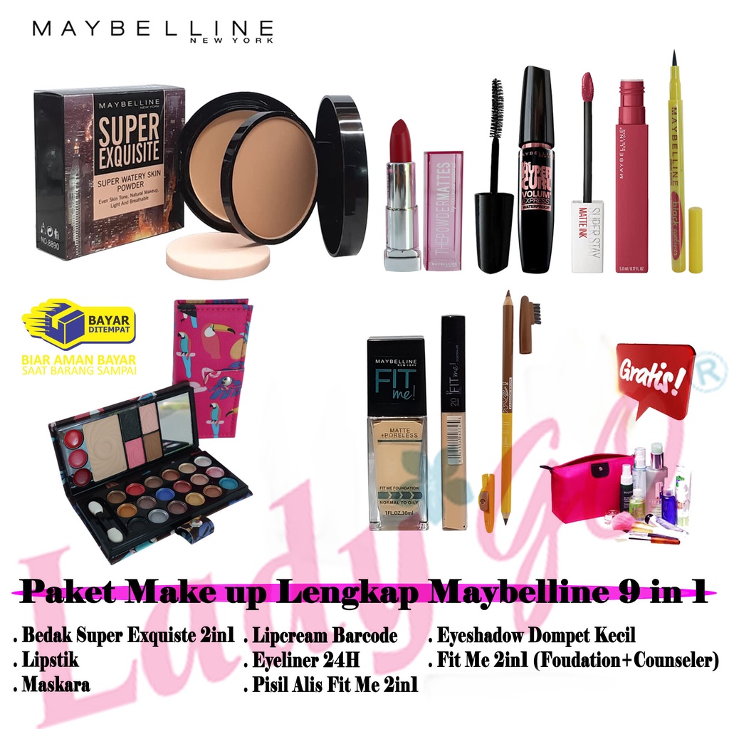 Promosi Paket Kosmetik Maybelline Lengkap 8 in1 - Paket Make UP Maybelline Murah/Bedak Hitam - Fit Me Foundation+Conseler -  - Maskara Hitam - Lipcream Barcode - Lipstick - Eyeliner 24H - PA 2in1 - Eyeshadow Small - Free Tas cosmetik