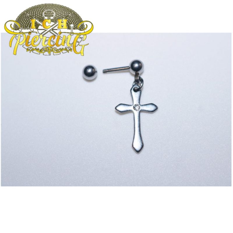 anting titanium salib model barbel / barbel anting wanita / cewe pria