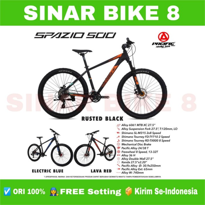 Sepeda Gunung Ukuran 27.5 Inch MTB PACIFIC SPAZIO 500 Alloy 2 x 8 Speed