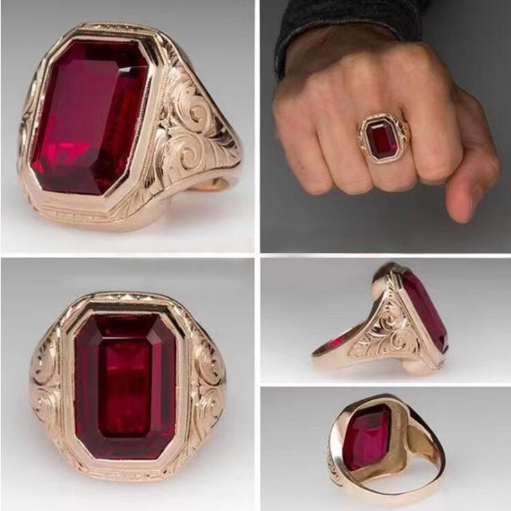 Cincin Jari Bahan Baja Titanium Ruby Warna Emas Gaya Punk Vintage Untuk Pria