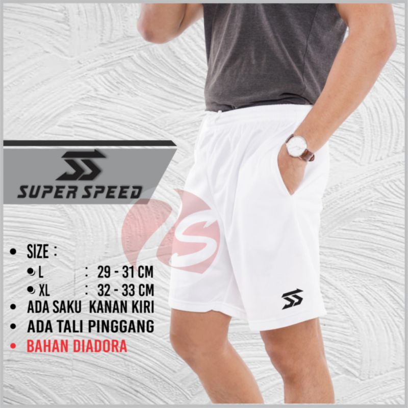 Celana pendek putih badminton tenis voli pingpong training pendek putih bulutangkis murah celana pendek pria bagus ada saku kanan kiri resleting bawahan olahraga pria short white kolor putih tes tni polisi celana polos putih kantong resleting celana pria-SS super speed