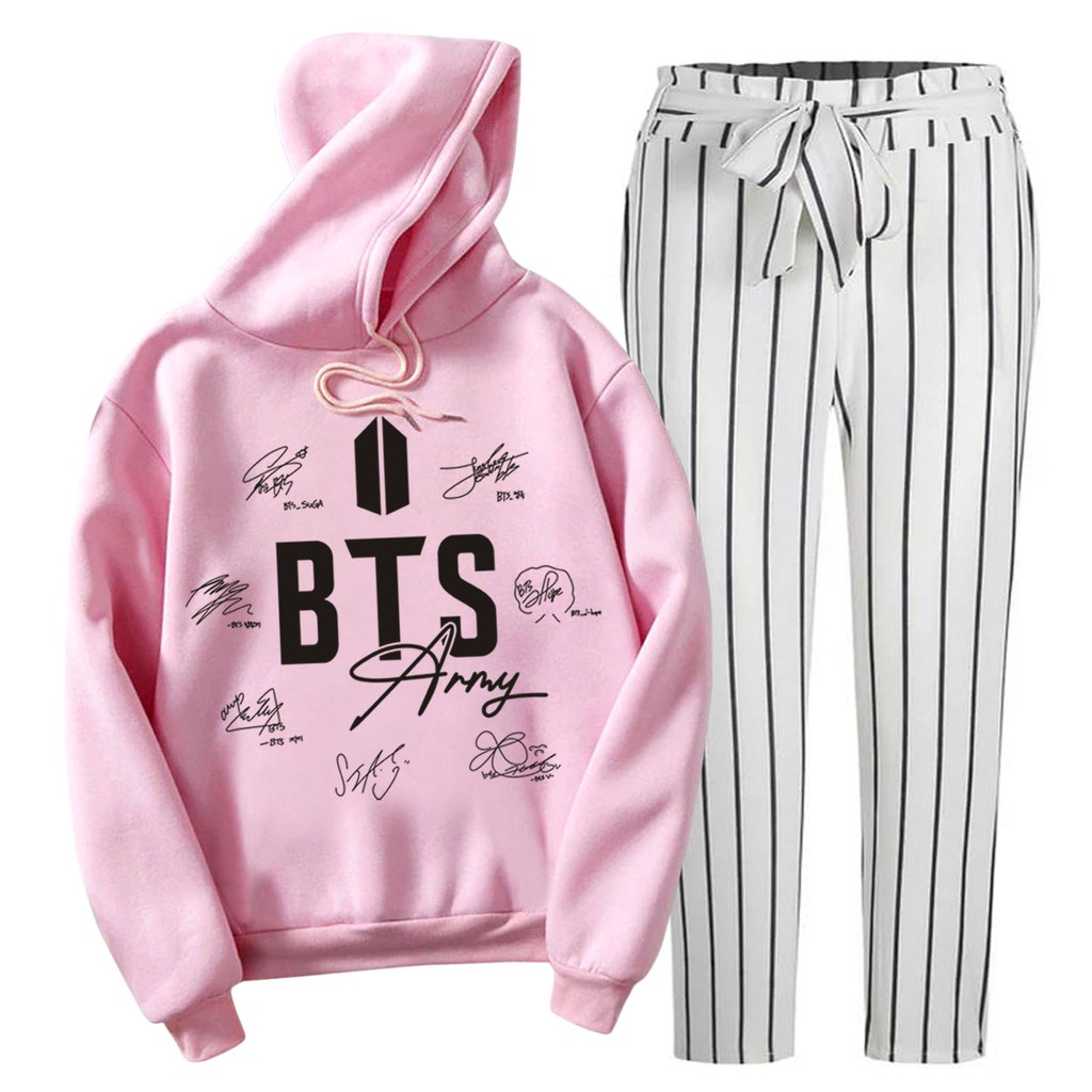 BESS - Baju Setelan Wanita Murah / Setelan Hoodie + Celana Salur Putih - ARMY TTD