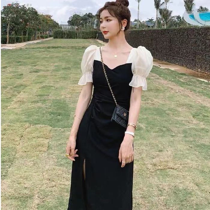 #53 Dress Wanita Korea Midi Long Dress Puffy Sleeves Motif Polos (M/L/XL)