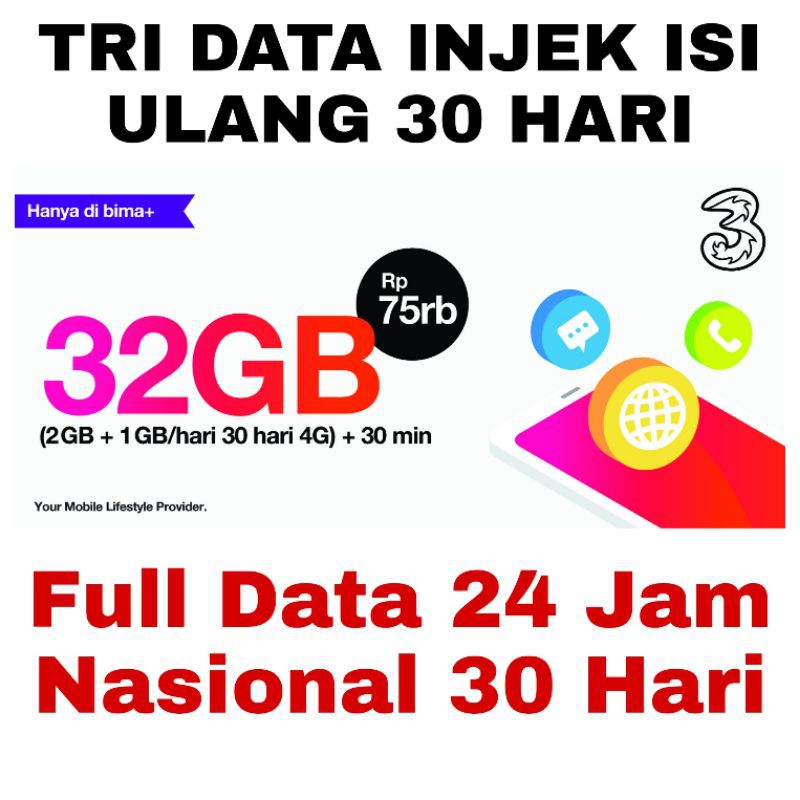 PROMO Paket Data Kuota Three 3 | 32GB INJEK KUOTA TRI 32 ...