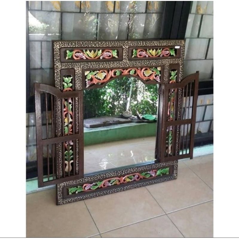 Abbasyjati - Figura Jendela Krepyak Kaca Cermin Hias Kayu Jati Warna bakar