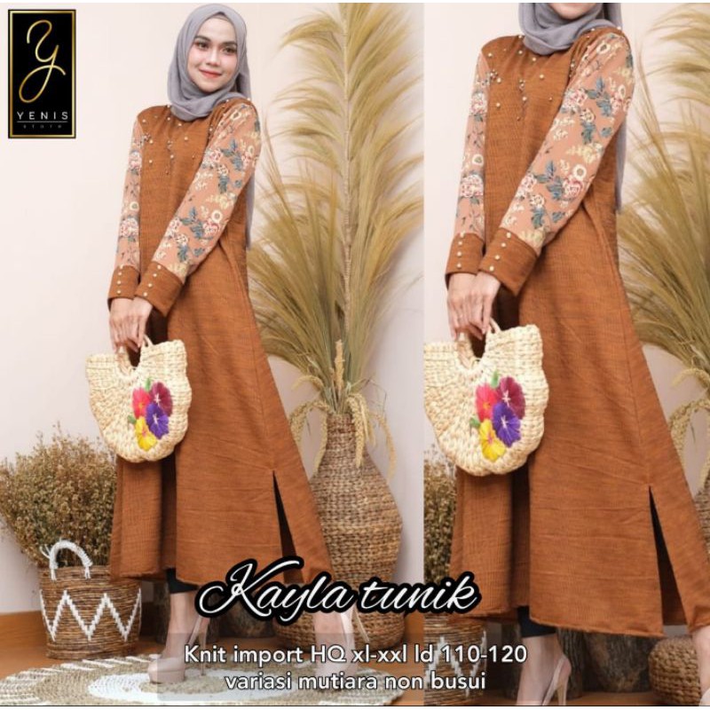 Tunik long tunic jumbo xxl ld 120 tunik knit mutiara lengan motif bunga Kayla
