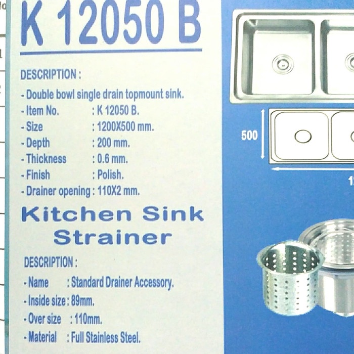 Kitchen Sink Kossai K12050B, Bak Cuci Piring 2 Lubang Dalam Stainless