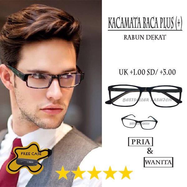 KACAMATA LENSA PLUS (+) UK.+1.00 SAMPAI +3.00 PRIA DAN WANITA FRAME PERSEGI HITAM FREE CASE