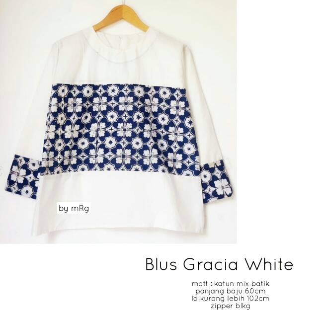 Blus Gracia White / Blus Batik Wanita Kombinasi Polos