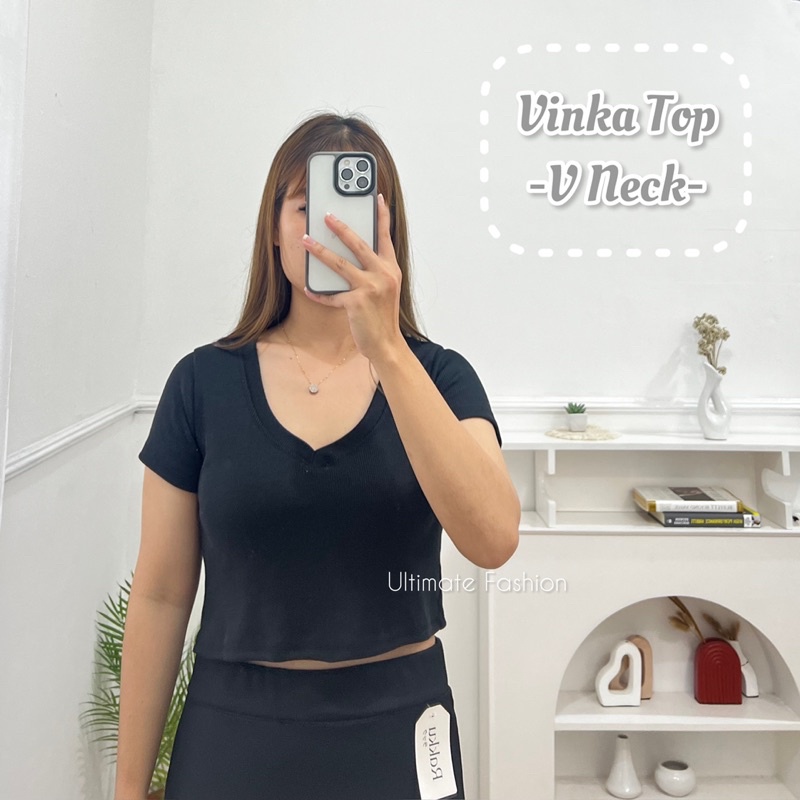 Vinka Top V Neck - Crop Rib Import - Atasan Wanita 182