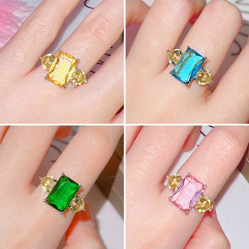 Cincin Zircon Bentuk Kotak Warna Pink Kuning Biru Hijau Untuk Wanita