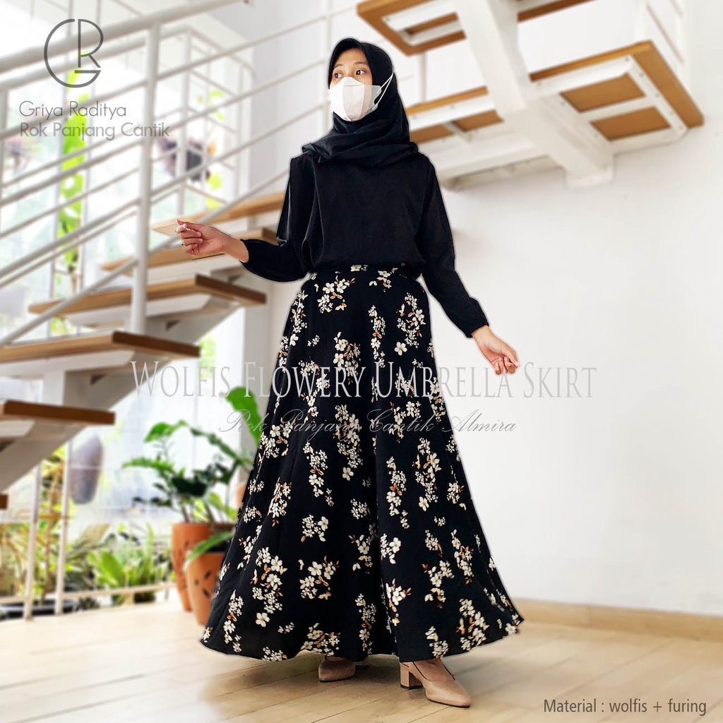 Rok Panjang Wanita Payung Muslimah  Motif Bunga Flowery  Wolfis  Umbrella Skirt Griyaraditya Almira