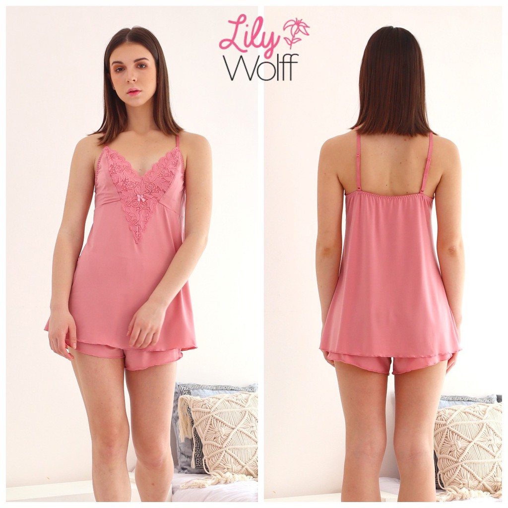 Lingerie Wanita Renda , Baju Tidur Setelan Sleepwear Elastis Lembut LILY WOLFF Best Seller LW7799PNK-3